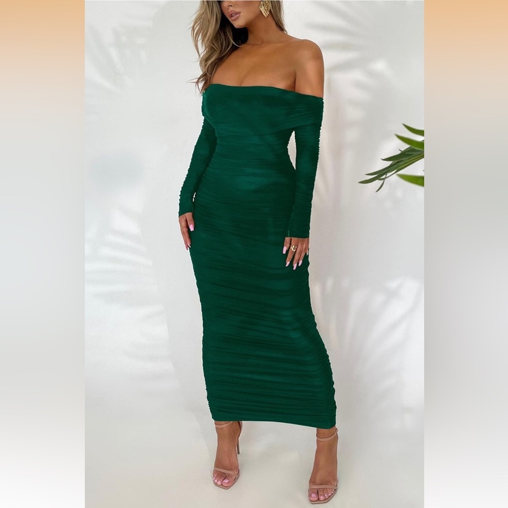 294. Prettygarden Chic Off-Shoulder Emerald Green Long Sleeve Dress — image 2 of 6